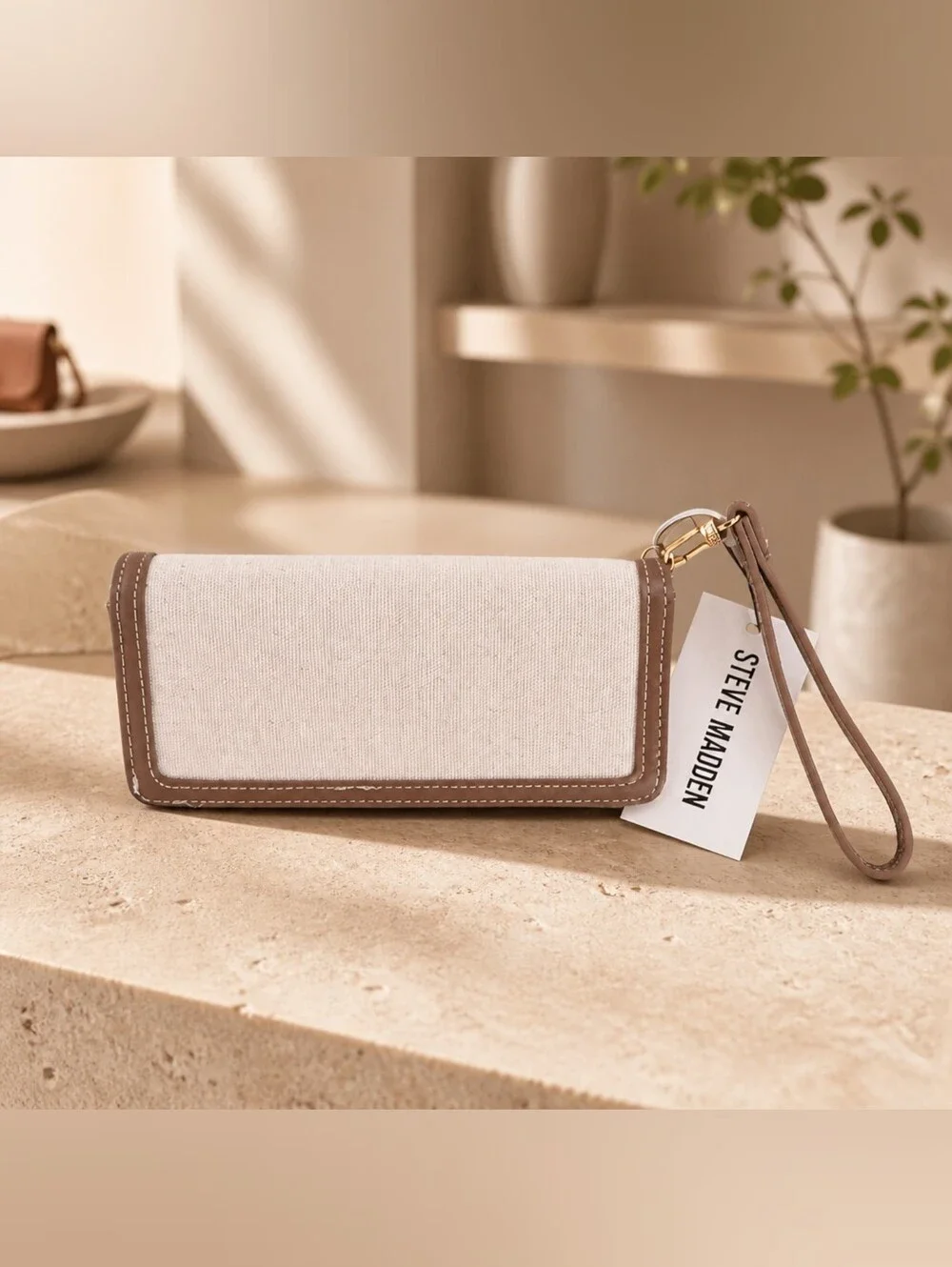 Steve Madden Beige & Tan Wristlet Wallet Gold Hardware NWT